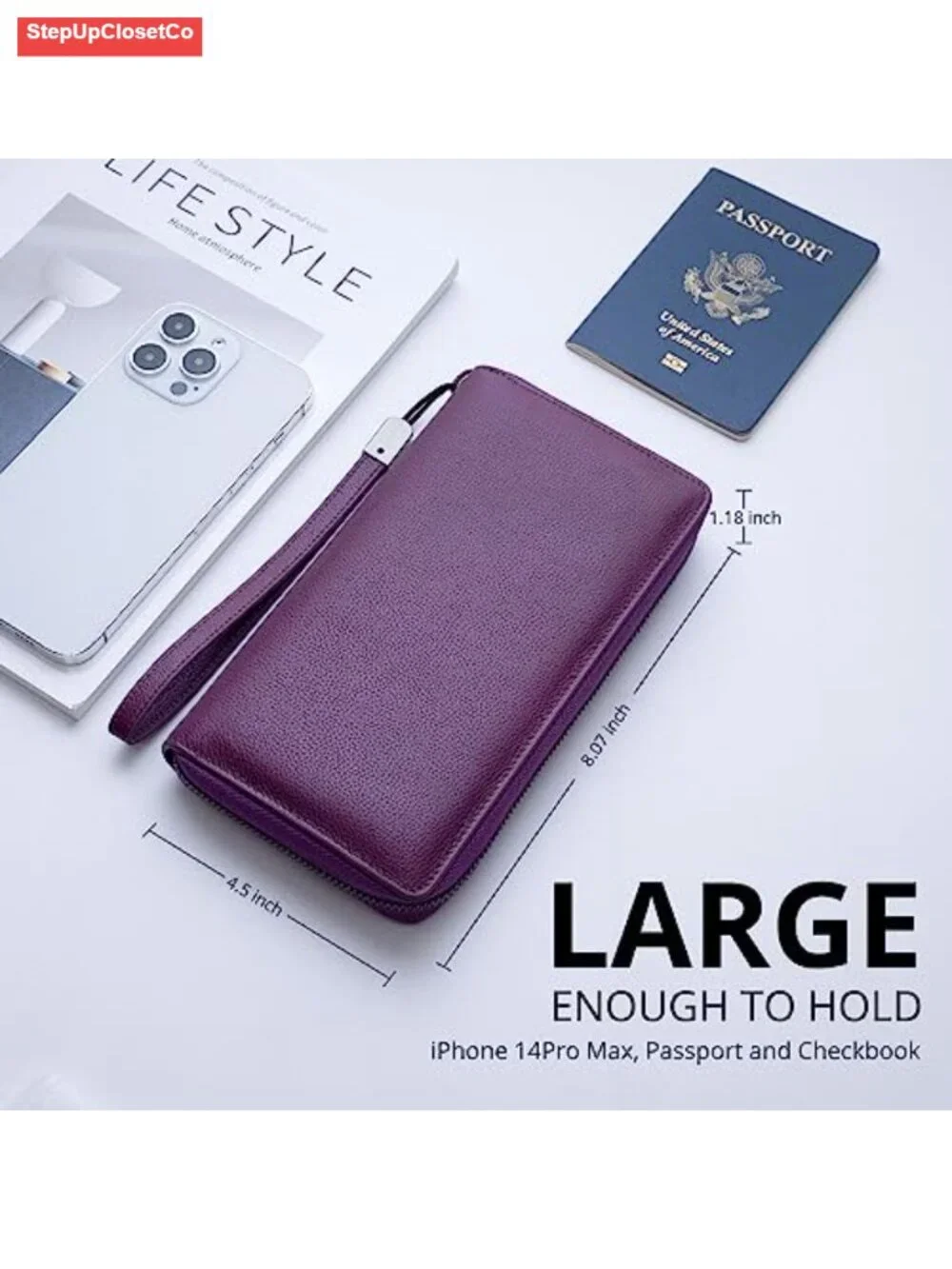 Genuine Leather Zip Around RFID Blocking Phone Wallet Wristlet Large Capacity